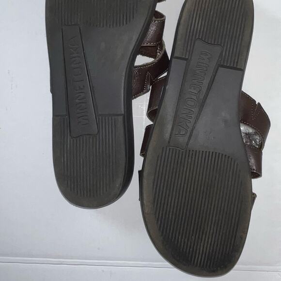 MINNETONKA Brown Leather Slip On Sandals Western Boho Women's Size 10 - Picture 14 of 16